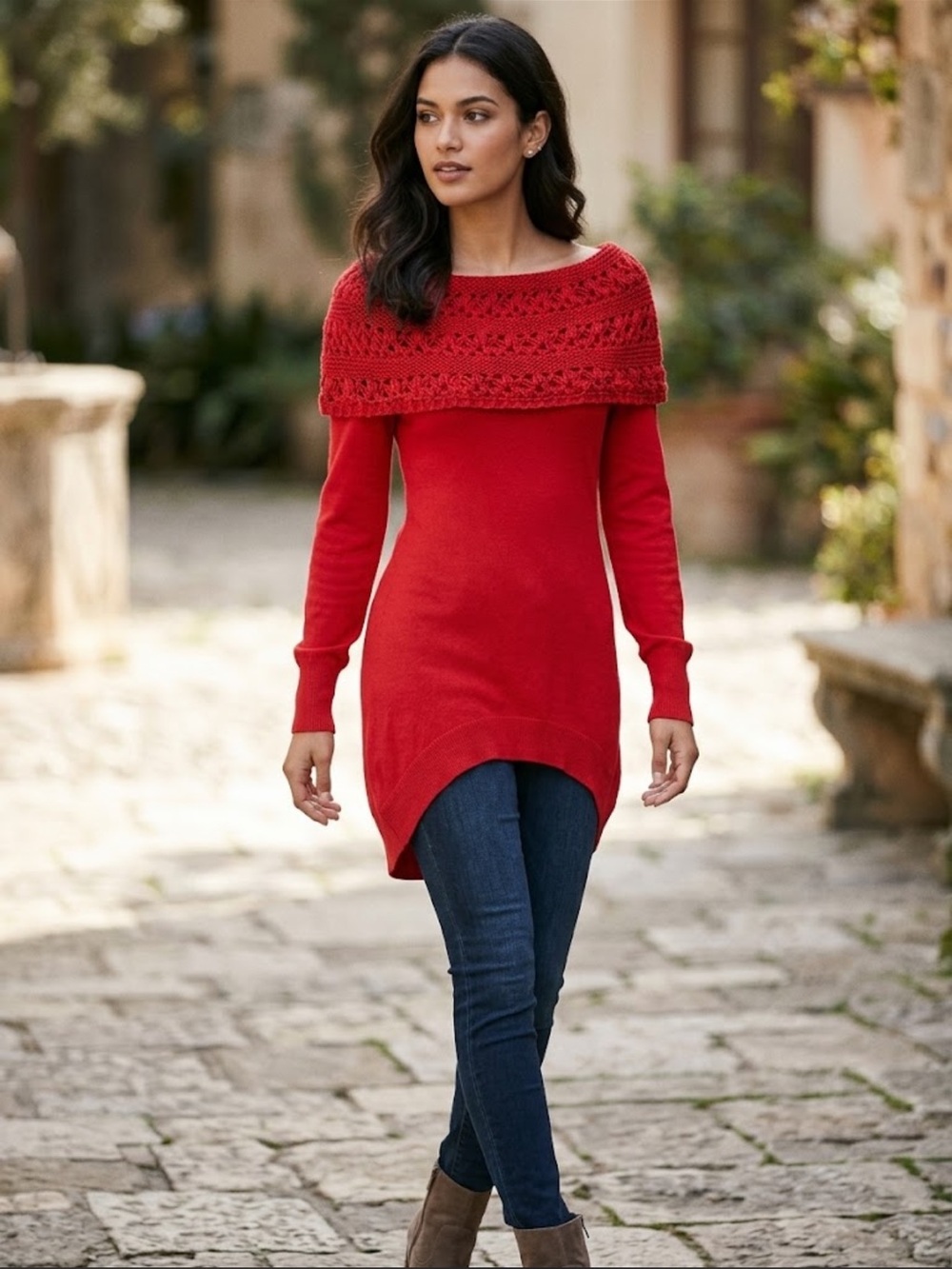 Arden B Red Off-Shoulder Knit Tunic Sweater